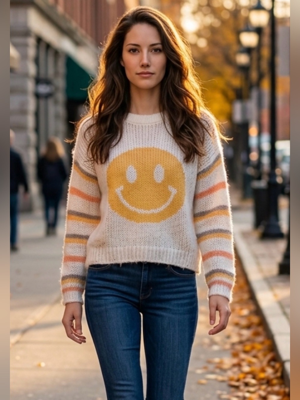 Three Bird Nest Made You Smile Cream Knit Sweater with Yellow Smiley Face